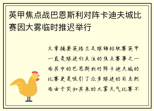 英甲焦点战巴恩斯利对阵卡迪夫城比赛因大雾临时推迟举行 英甲焦点战巴恩斯利对阵卡迪夫城比赛因大雾临时推迟举行