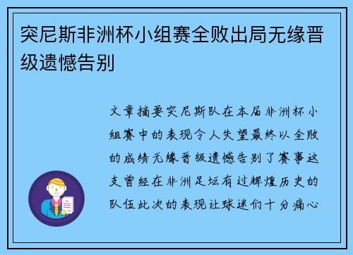 突尼斯非洲杯小组赛全败出局无缘晋级遗憾告别