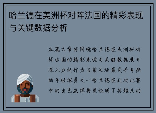 哈兰德在美洲杯对阵法国的精彩表现与关键数据分析